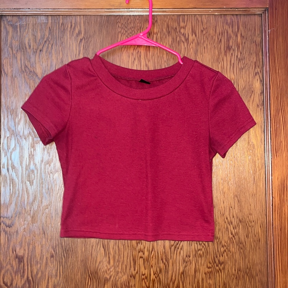 Short sleeve dark red crop top from SHEIN